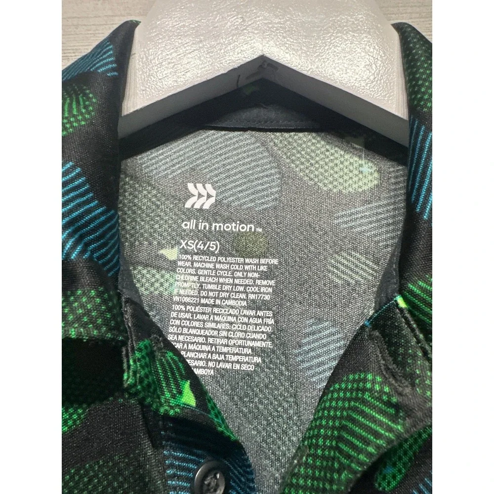All in Motion Polo Shirt Boys XS 4/5 Green Blue Golf‎ Course Print EUC